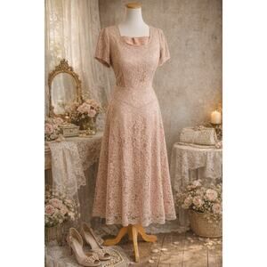 Vintage 1950s Pink Lace Tea Length Dress Size L Bridal Garden Party